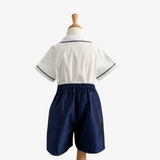 Boys Shirt & Silk Shorts 2 Piece Suit White & Navy