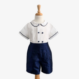 Boys Shirt & Silk Shorts 2 Piece Suit White & Navy