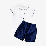 Boys Shirt & Silk Shorts 2 Piece Suit White & Navy