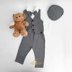 Boys Long Sleeve Oxford Dress Shirt & Pants Matching Outfit Gray & White
