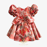 Girls Fine Jacquard & Satin Celebration Dress Floral Red Orange & Gold