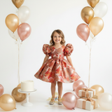 Girls Fine Jacquard & Satin Celebration Dress Floral Red Orange & Gold
