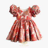 Girls Fine Jacquard & Satin Celebration Dress Floral Red Orange & Gold