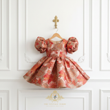 Girls Fine Jacquard & Satin Celebration Dress Floral Red Orange & Gold