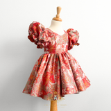 Girls Fine Jacquard & Satin Celebration Dress Floral Red Orange & Gold