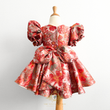 Girls Fine Jacquard & Satin Celebration Dress Floral Red Orange & Gold
