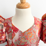 Girls Fine Jacquard & Satin Celebration Dress Floral Red Orange & Gold