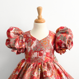Girls Fine Jacquard & Satin Celebration Dress Floral Red Orange & Gold