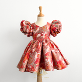 Girls Fine Jacquard & Satin Celebration Dress Floral Red Orange & Gold