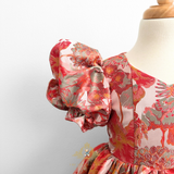 Girls Fine Jacquard & Satin Celebration Dress Floral Red Orange & Gold