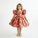 Girls Fine Jacquard & Satin Celebration Dress Floral Red Orange & Gold