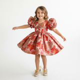 Girls Fine Jacquard & Satin Celebration Dress Floral Red Orange & Gold