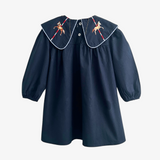 Girls Long Sleeve Embroidered Dress Whimsical Carousel Horse Navy
