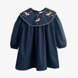 Girls Long Sleeve Embroidered Dress Whimsical Carousel Horse Navy