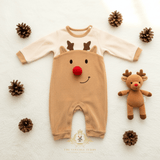 Reindeer Plush One-Piece Bodysuit Long Sleeve Romper Red Pom Pom Nose