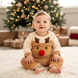 Reindeer Plush One-Piece Bodysuit Long Sleeve Romper Red Pom Pom Nose