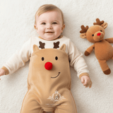 Reindeer Plush One-Piece Bodysuit Long Sleeve Romper Red Pom Pom Nose