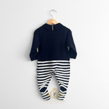 Boys Knit Sweater One-Piece Bodysuit Footie Romper Farm Tractor Red White & Navy Blue