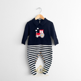 Boys Knit Sweater One-Piece Bodysuit Footie Romper Farm Tractor Red White & Navy Blue