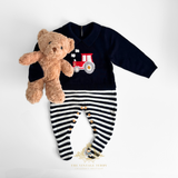 Boys Knit Sweater One-Piece Bodysuit Footie Romper Farm Tractor Red White & Navy Blue