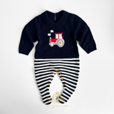 Boys Knit Sweater One-Piece Bodysuit Footie Romper Farm Tractor Red White & Navy Blue