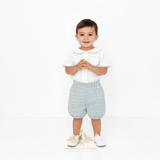 Boys Matching Set Shirt & Bubble Shorts 2 Piece Plaid Cornflower Blue & Yellow