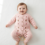 Baby Girls Knit One-Piece Bodysuit Sweater Romper Floral Embroidered Blush Pink