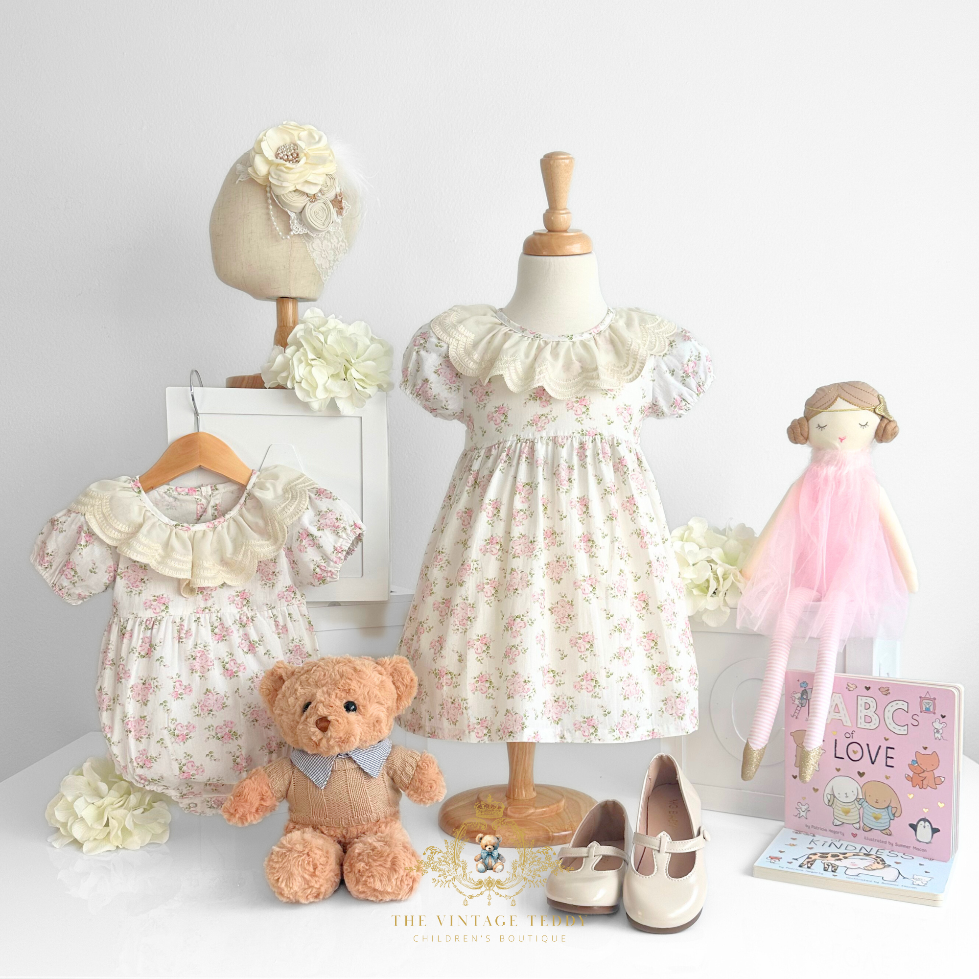 Girls Embroidered Lace Bib Collar Floral Roses Dress Pink & Cream 2T Girls Embroidered Lace Bib Collar Floral Roses Dress Pink & Cream 2T