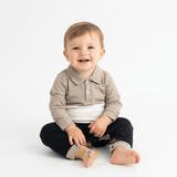 Boys One-Piece Bodysuit Long Sleeve & Pants Romper Tan, Black & White