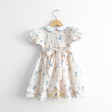 Girls Embroidered Smocked Floral Dress Cream & Cornflower Blue
