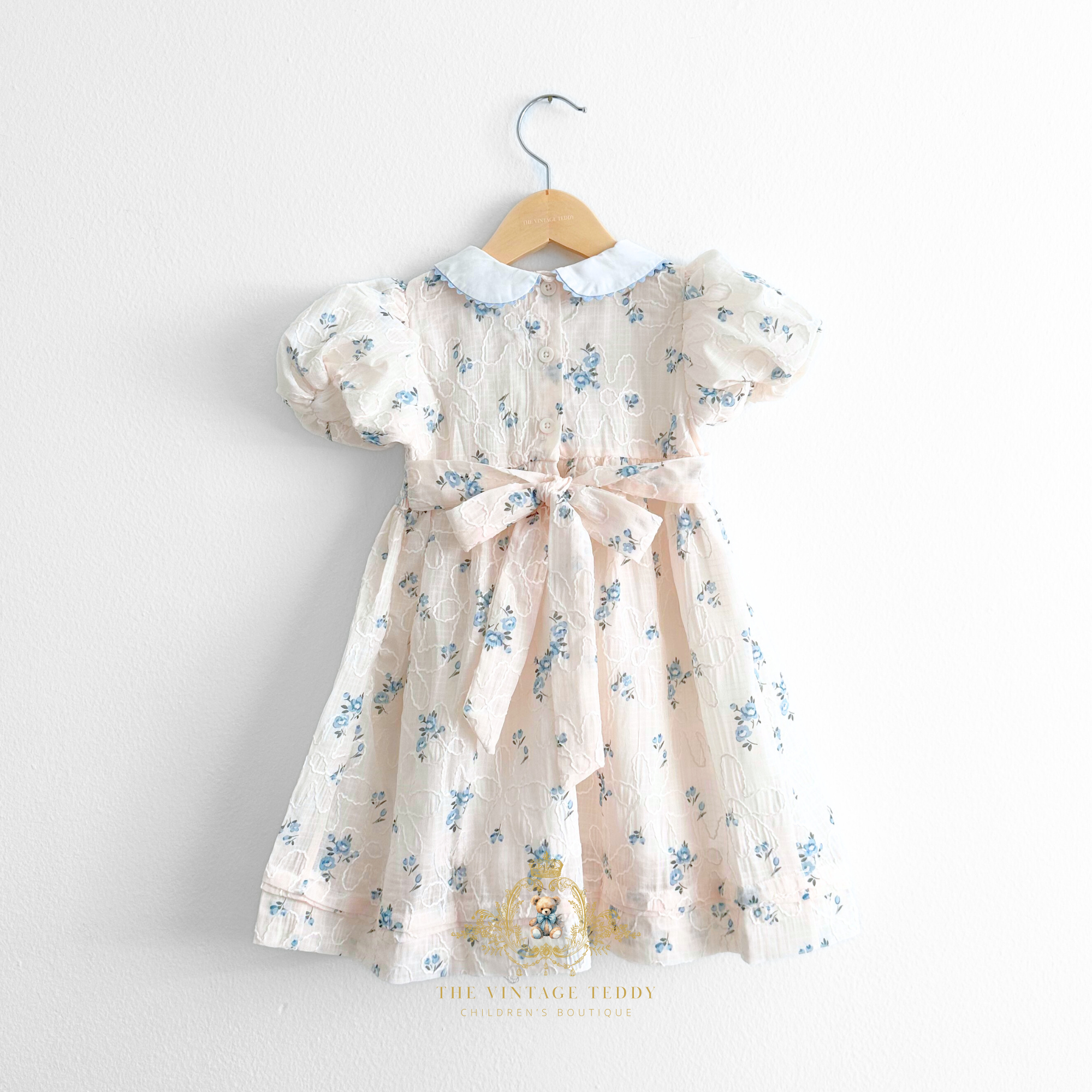 Girls Embroidered Smocked Floral Dress Cream & Cornflower Blue The Vintage Teddy Girls Embroidered Smocked Floral Dress Cream & Cornflower Blue The Vintage Teddy