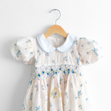 Girls Embroidered Smocked Floral Dress Cream & Cornflower Blue