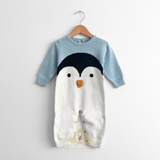Unisex Knit Sweater One-Piece Bodysuit Romper Penguin Baby Blue & White