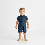 Boys Oxford Short Sleeve One-Piece Romper Shorts Navy Blue & White