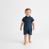 Boys Oxford Short Sleeve One-Piece Romper Shorts Navy Blue & White