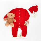 Kids Knit One-Piece Bodysuit Sweater Romper & Cap Christmas Red