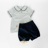 Boys Matching Set Shirt & Bubble Shorts 2 Piece Navy Blue & White