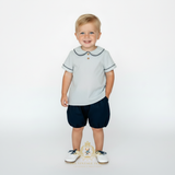 Boys Matching Set Shirt & Bubble Shorts 2 Piece Navy Blue & White