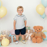 Boys Matching Set Shirt & Bubble Shorts 2 Piece Navy Blue & White