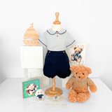 Boys Matching Set Shirt & Bubble Shorts 2 Piece Navy Blue & White
