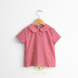 Boys Matching Set Shirt & Bubble Shorts 2 Piece Red & White Stripes & Tan