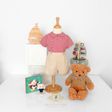 Boys Matching Set Shirt & Bubble Shorts 2 Piece Red & White Stripes & Tan