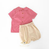 Boys Matching Set Shirt & Bubble Shorts 2 Piece Red & White Stripes & Tan
