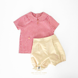 Boys Matching Set Shirt & Bubble Shorts 2 Piece Red & White Stripes & Tan