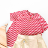 Boys Matching Set Shirt & Bubble Shorts 2 Piece Red & White Stripes & Tan