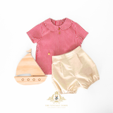 Boys Matching Set Shirt & Bubble Shorts 2 Piece Red & White Stripes & Tan