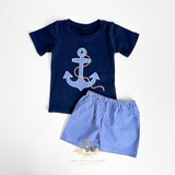 Boys T-Shirt & Shorts Matching Set Embroidered Patchwork Anchors Away