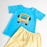 Boys T-Shirt & Shorts Matching Set Embroidered Patchwork School Bus