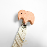 Crochet Macramé Baby Pacifier Clip-On Holder Wooden Elephant Natural