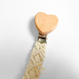 Crochet Macramé Baby Pacifier Clip-On Holder Wooden Heart-Shaped Natural